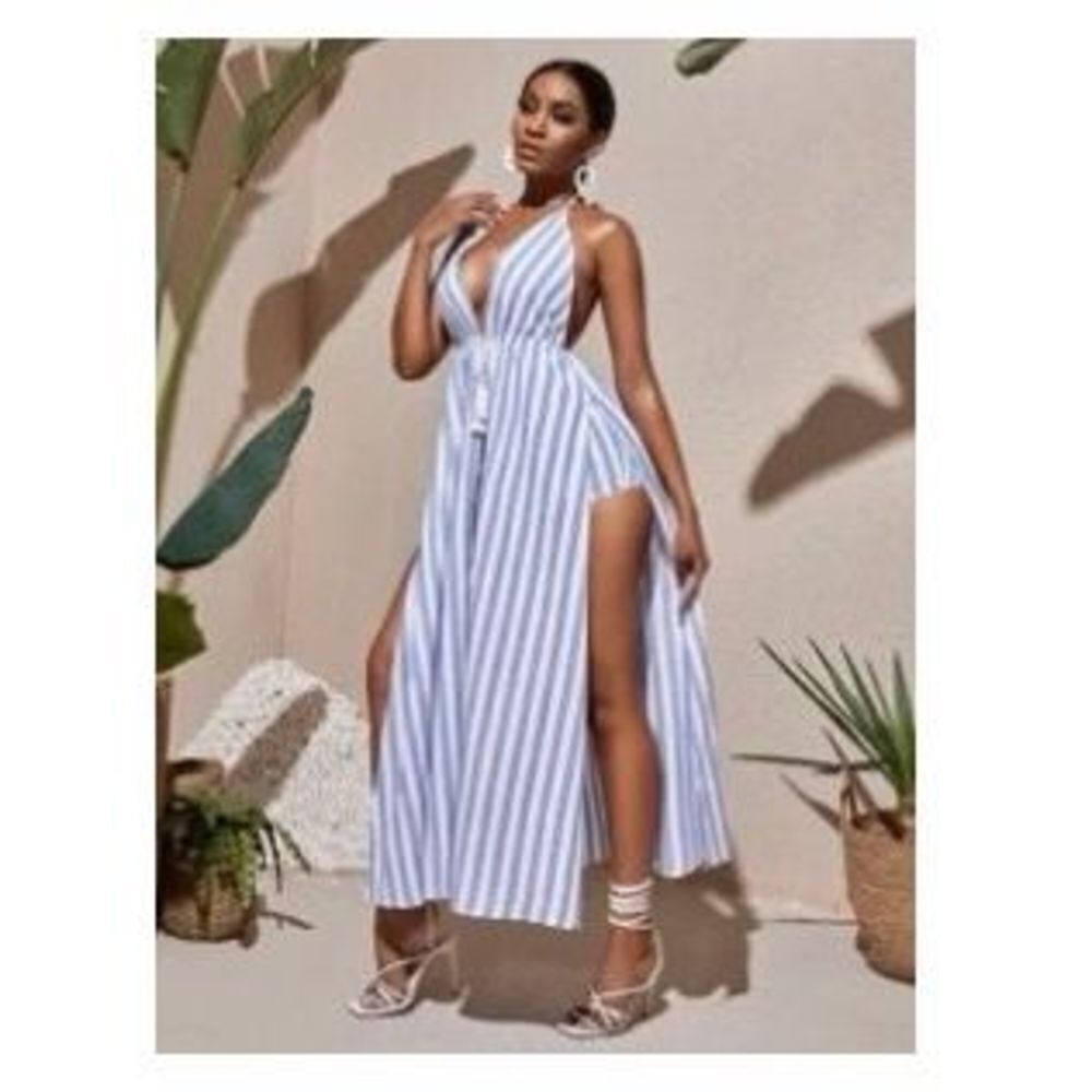 STRIPED BACKLESS DRAWSTRING WAIST LONGLINE HALTER TOP WITH SHORTS